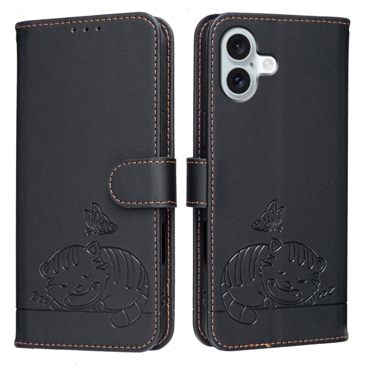 For iPhone 16 Plus Cat Butterfly Embossed RFID Vegan Leather Phone Case with Strap