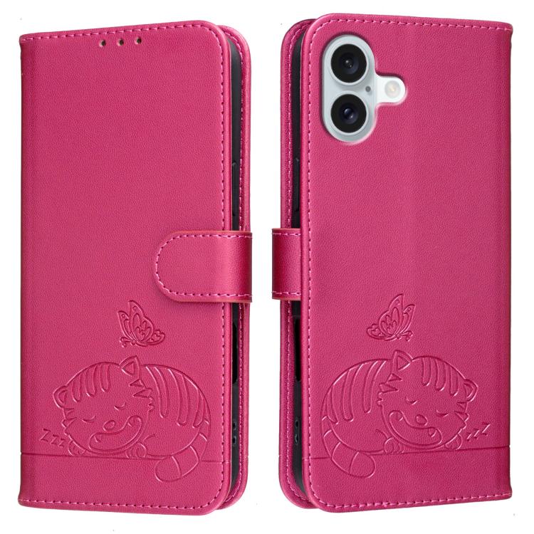 For iPhone 16 Plus Cat Butterfly Embossed RFID Vegan Leather Phone Case with Strap