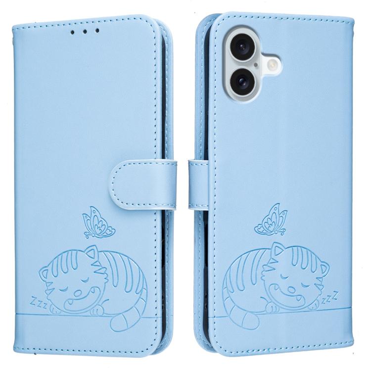 For iPhone 16 Plus Cat Butterfly Embossed RFID Vegan Leather Phone Case with Strap