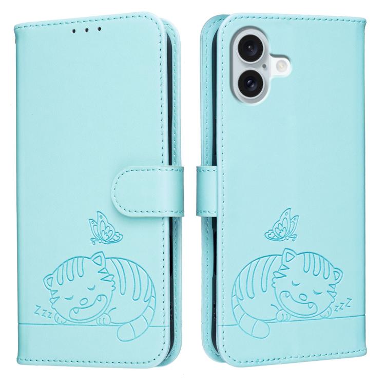 For iPhone 16 Plus Cat Butterfly Embossed RFID Vegan Leather Phone Case with Strap