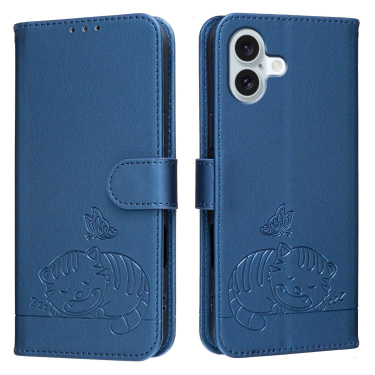 For iPhone 16 Plus Cat Butterfly Embossed RFID Vegan Leather Phone Case with Strap