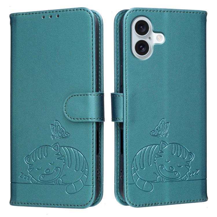 For iPhone 16 Plus Cat Butterfly Embossed RFID Vegan Leather Phone Case with Strap