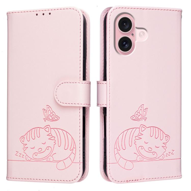For iPhone 16 Cat Butterfly Embossed RFID Vegan Leather Phone Case with Strap
