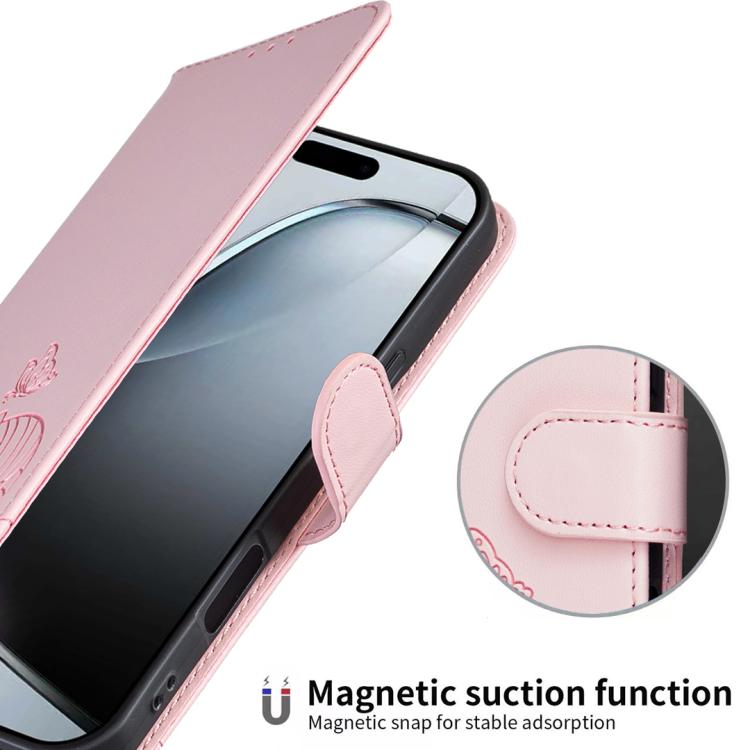 For iPhone 16 Cat Butterfly Embossed RFID Vegan Leather Phone Case with Strap