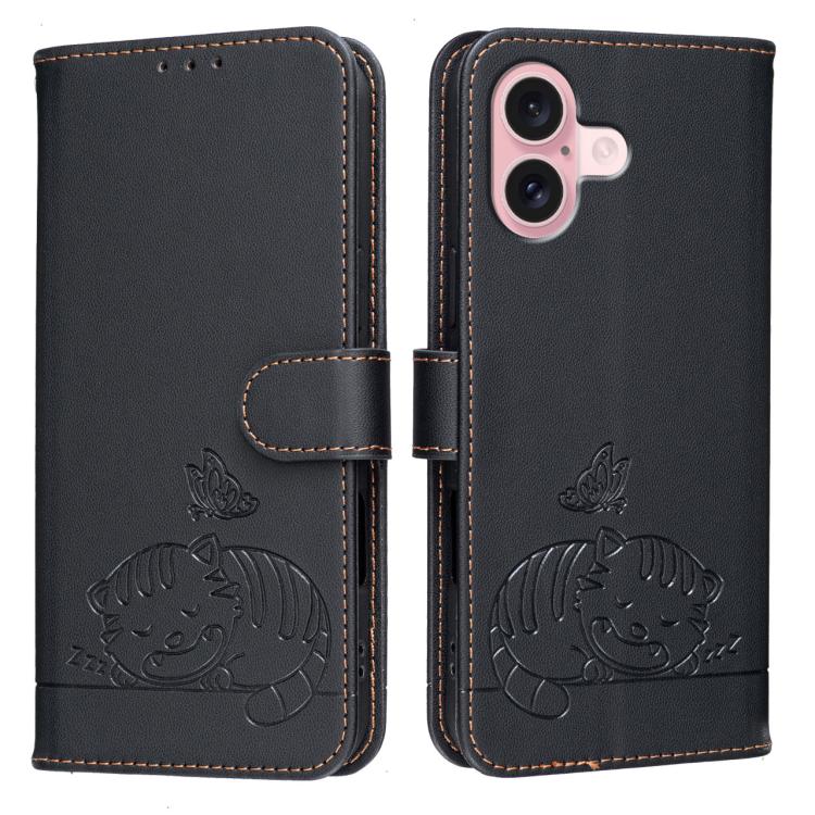 For iPhone 16 Cat Butterfly Embossed RFID Vegan Leather Phone Case with Strap