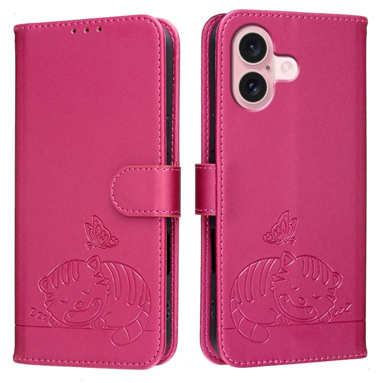 For iPhone 16 Cat Butterfly Embossed RFID Vegan Leather Phone Case with Strap