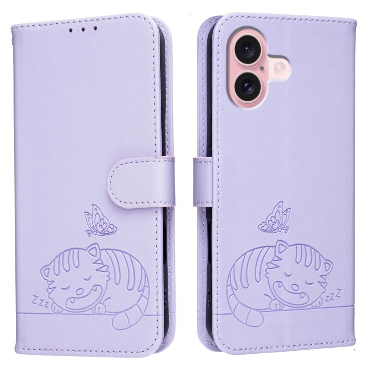 For iPhone 16 Cat Butterfly Embossed RFID Vegan Leather Phone Case with Strap