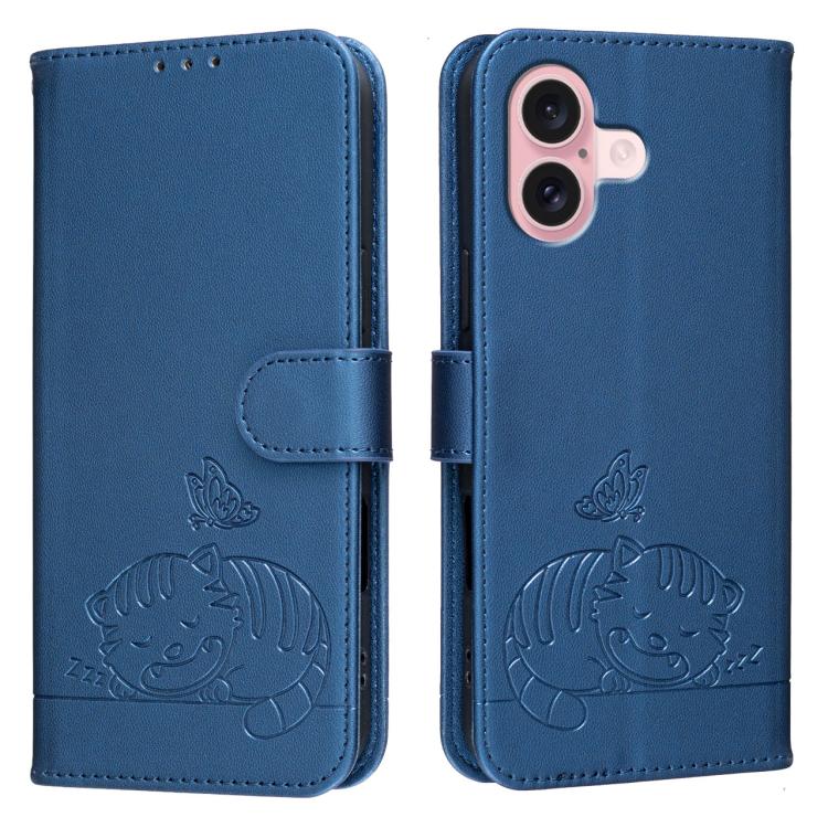 For iPhone 16 Cat Butterfly Embossed RFID Vegan Leather Phone Case with Strap