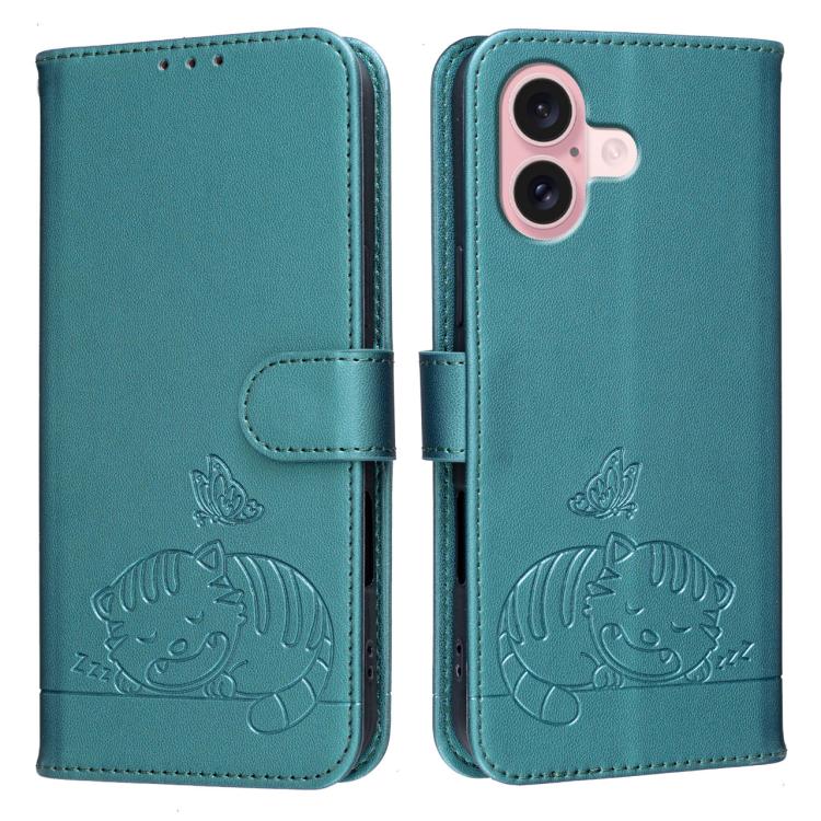 For iPhone 16 Cat Butterfly Embossed RFID Vegan Leather Phone Case with Strap