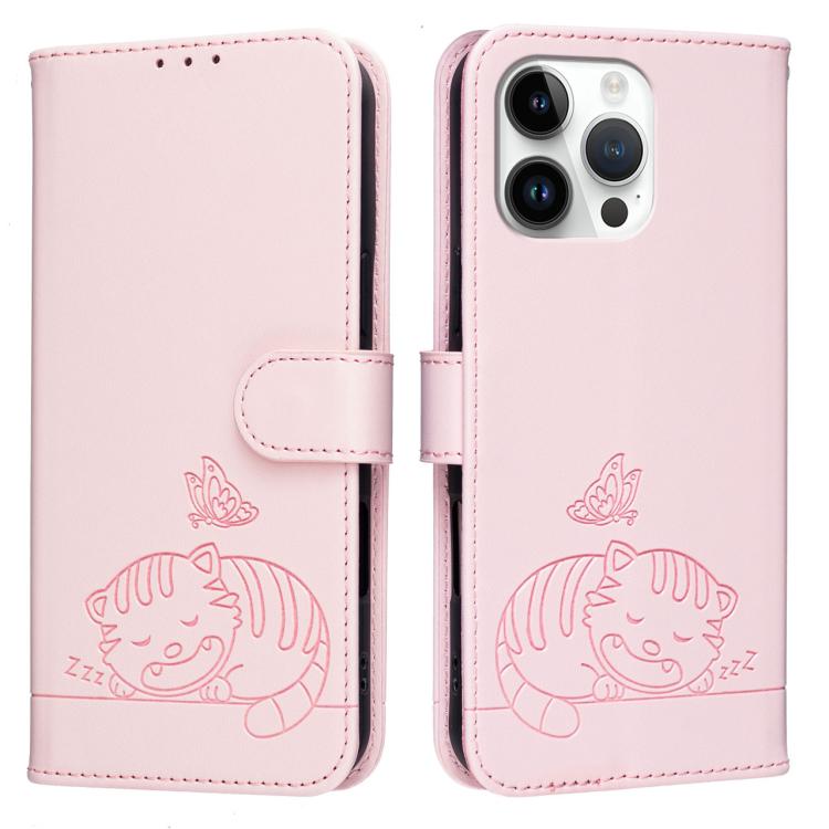 For iPhone 15 Pro Max Cat Butterfly Embossed RFID Vegan Leather Phone Case with Strap