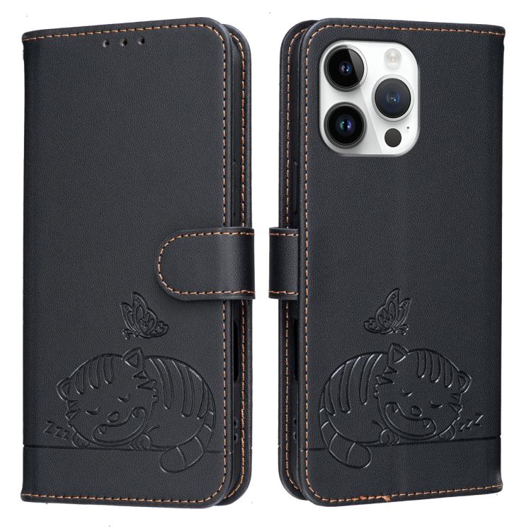 For iPhone 15 Pro Cat Butterfly Embossed RFID Vegan Leather Phone Case with Strap