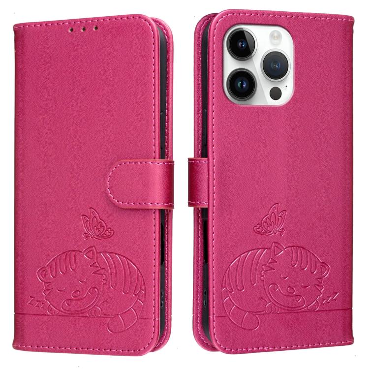 For iPhone 15 Pro Cat Butterfly Embossed RFID Vegan Leather Phone Case with Strap