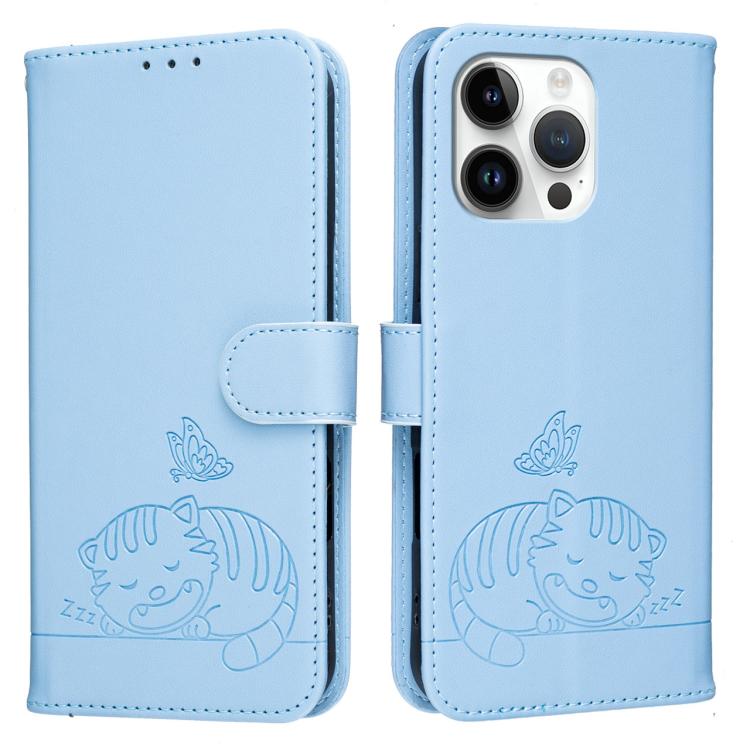 For iPhone 15 Pro Cat Butterfly Embossed RFID Vegan Leather Phone Case with Strap