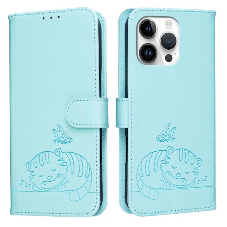 For iPhone 15 Pro Cat Butterfly Embossed RFID Vegan Leather Phone Case with Strap