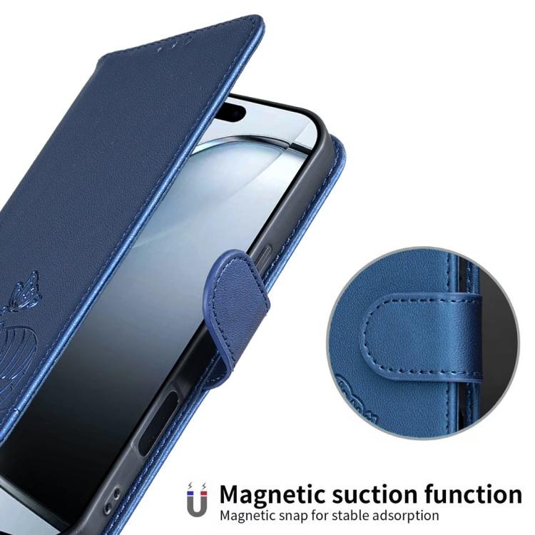 For iPhone 15 Pro Cat Butterfly Embossed RFID Vegan Leather Phone Case with Strap