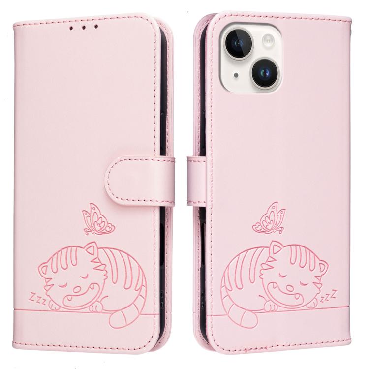 For iPhone 15 Plus Cat Butterfly Embossed RFID Vegan Leather Phone Case with Strap
