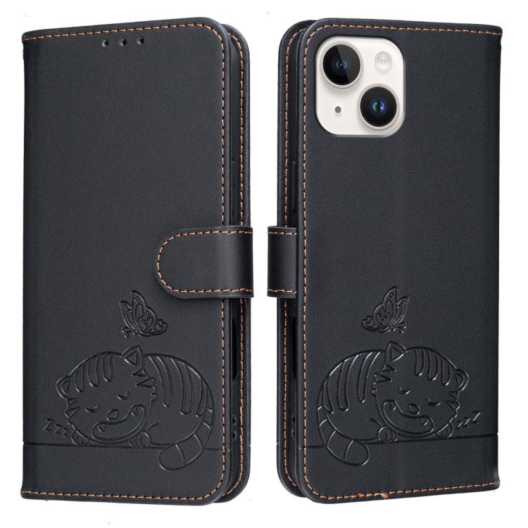 For iPhone 15 Plus Cat Butterfly Embossed RFID Vegan Leather Phone Case with Strap