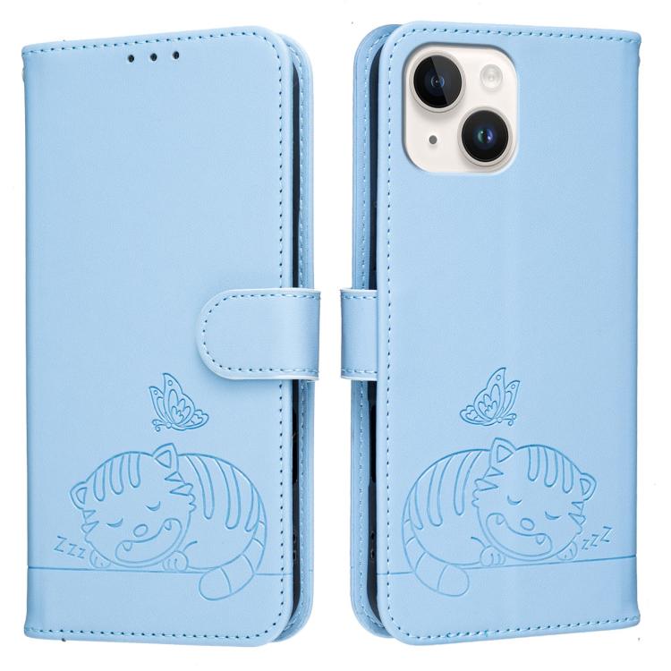 For iPhone 15 Plus Cat Butterfly Embossed RFID Vegan Leather Phone Case with Strap