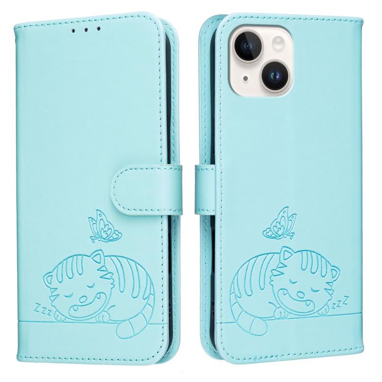For iPhone 15 Plus Cat Butterfly Embossed RFID Vegan Leather Phone Case with Strap