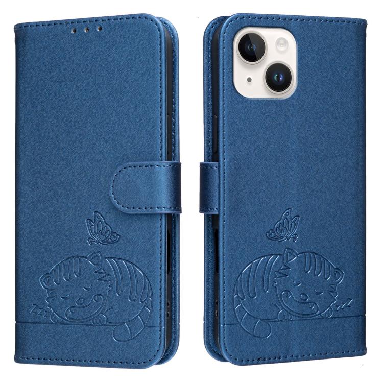 For iPhone 15 Plus Cat Butterfly Embossed RFID Vegan Leather Phone Case with Strap