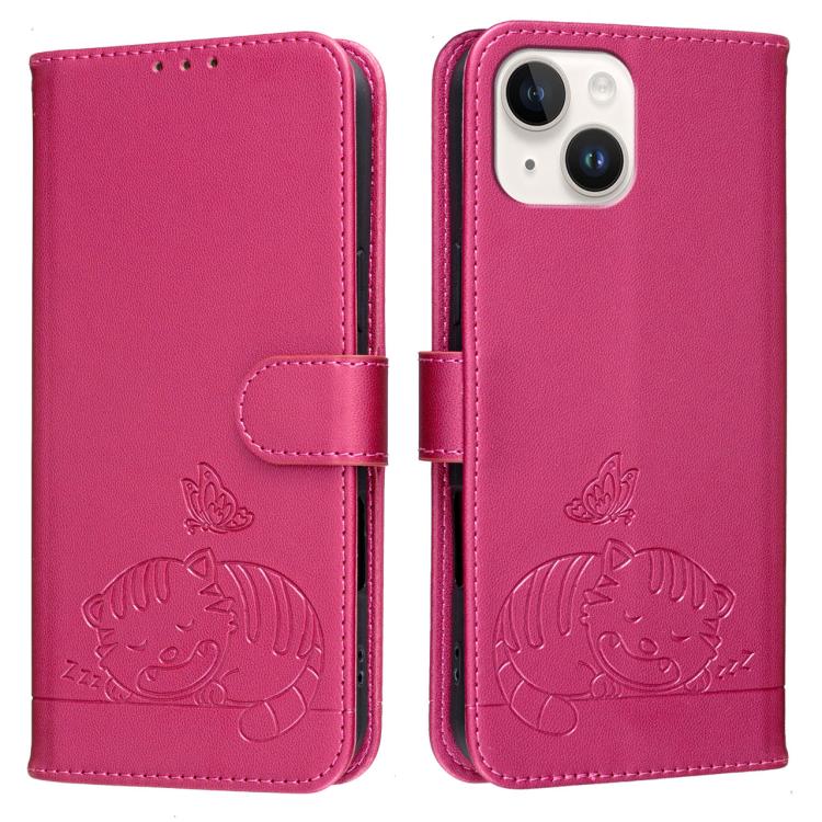 For iPhone 15 Cat Butterfly Embossed RFID Vegan Leather Phone Case with Strap