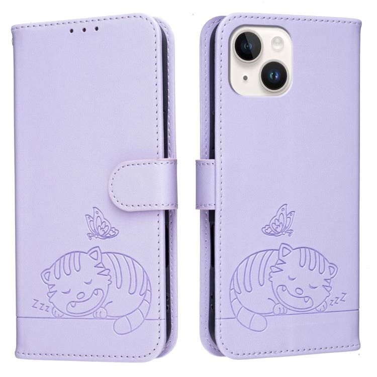 For iPhone 15 Cat Butterfly Embossed RFID Vegan Leather Phone Case with Strap