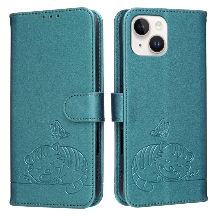 For iPhone 15 Cat Butterfly Embossed RFID Vegan Leather Phone Case with Strap