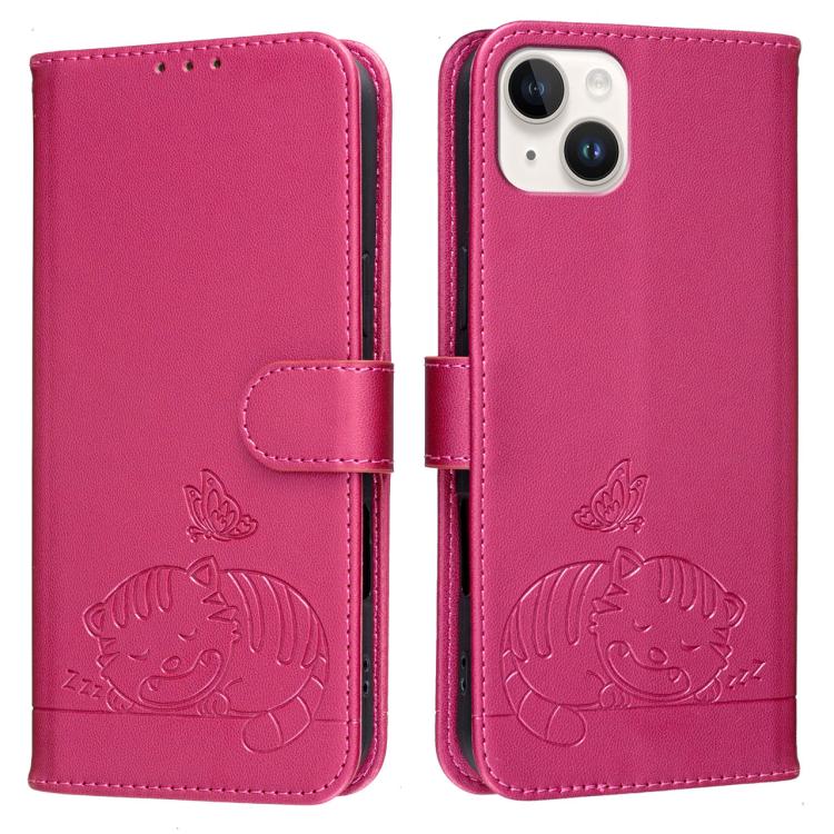 For iPhone 14 Plus Cat Butterfly Embossed RFID Vegan Leather Phone Case with Strap