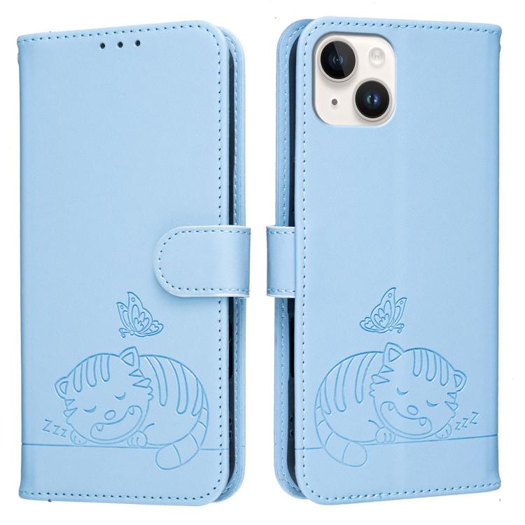 For iPhone 14 Plus Cat Butterfly Embossed RFID Vegan Leather Phone Case with Strap