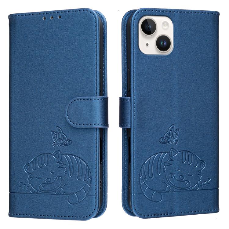 For iPhone 14 Plus Cat Butterfly Embossed RFID Vegan Leather Phone Case with Strap