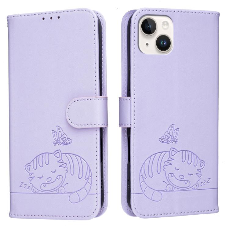 For iPhone 14 / 13 Cat Butterfly Embossed RFID Vegan Leather Phone Case with Strap