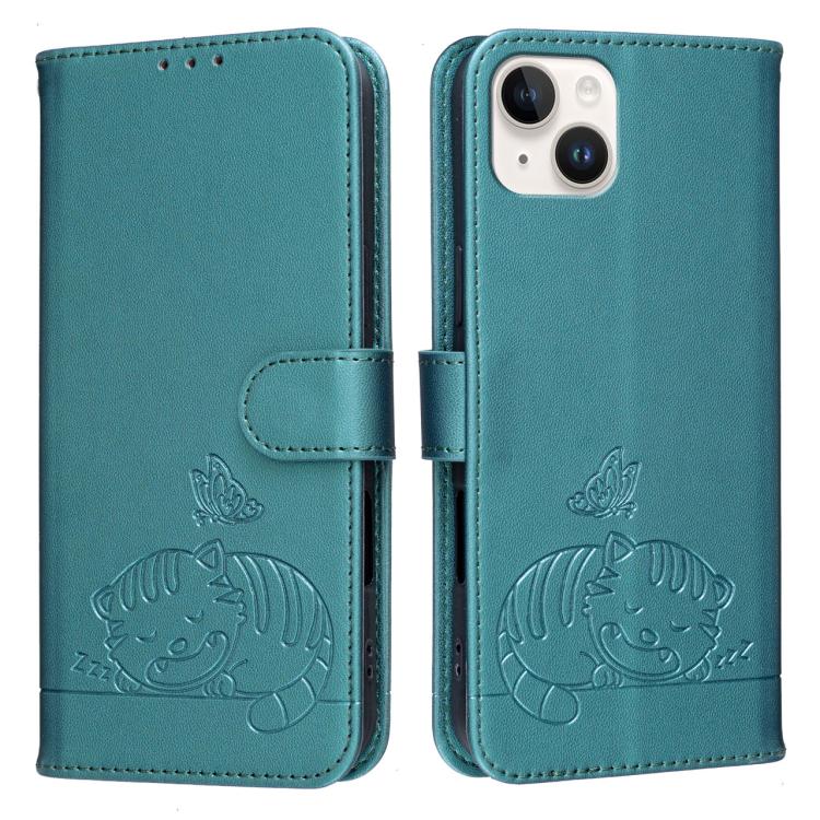 For iPhone 14 / 13 Cat Butterfly Embossed RFID Vegan Leather Phone Case with Strap