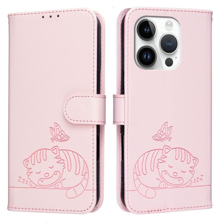 For iPhone 14 Pro Cat Butterfly Embossed RFID Vegan Leather Phone Case with Strap
