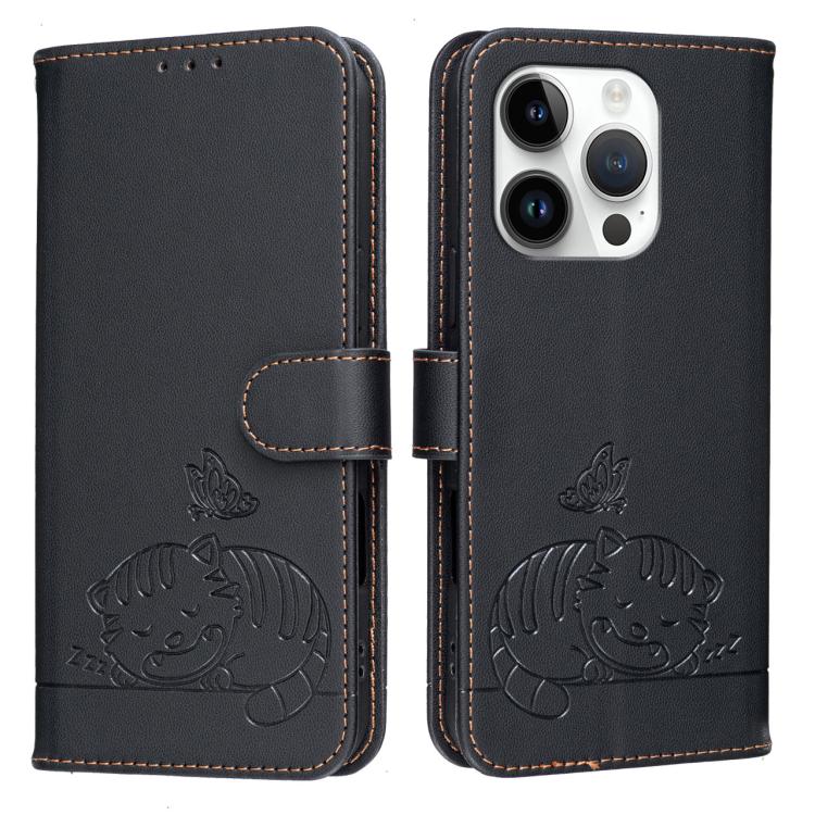 For iPhone 14 Pro Cat Butterfly Embossed RFID Vegan Leather Phone Case with Strap