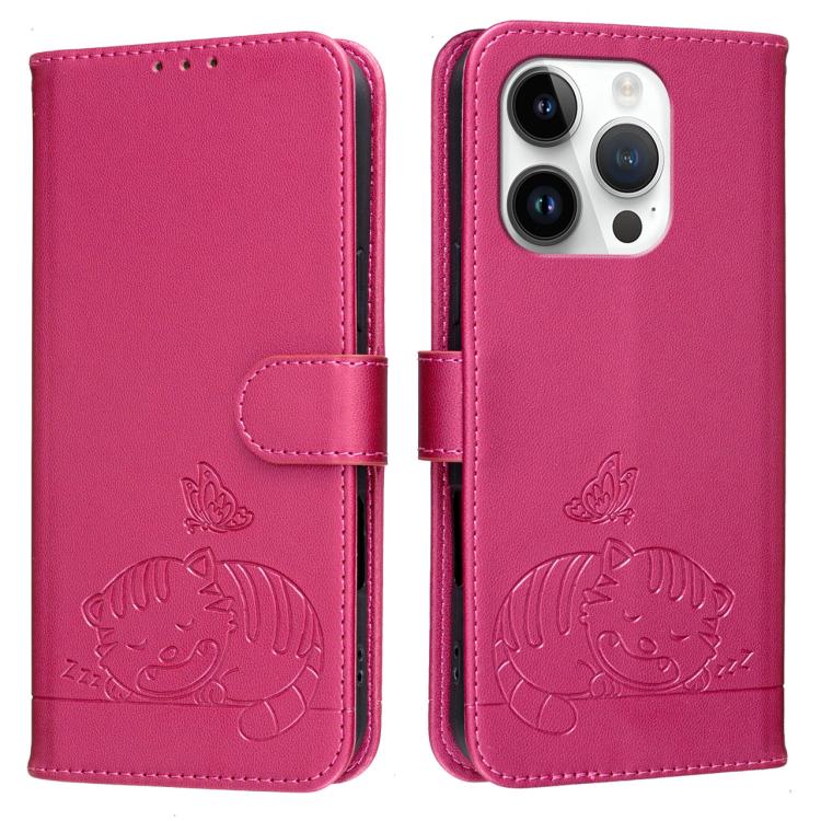 For iPhone 14 Pro Max Cat Butterfly Embossed RFID Vegan Leather Phone Case with Strap