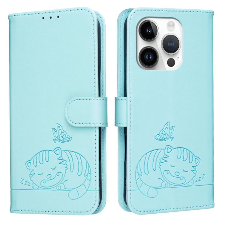 For iPhone 14 Pro Max Cat Butterfly Embossed RFID Vegan Leather Phone Case with Strap