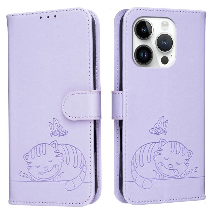 For iPhone 14 Pro Max Cat Butterfly Embossed RFID Vegan Leather Phone Case with Strap