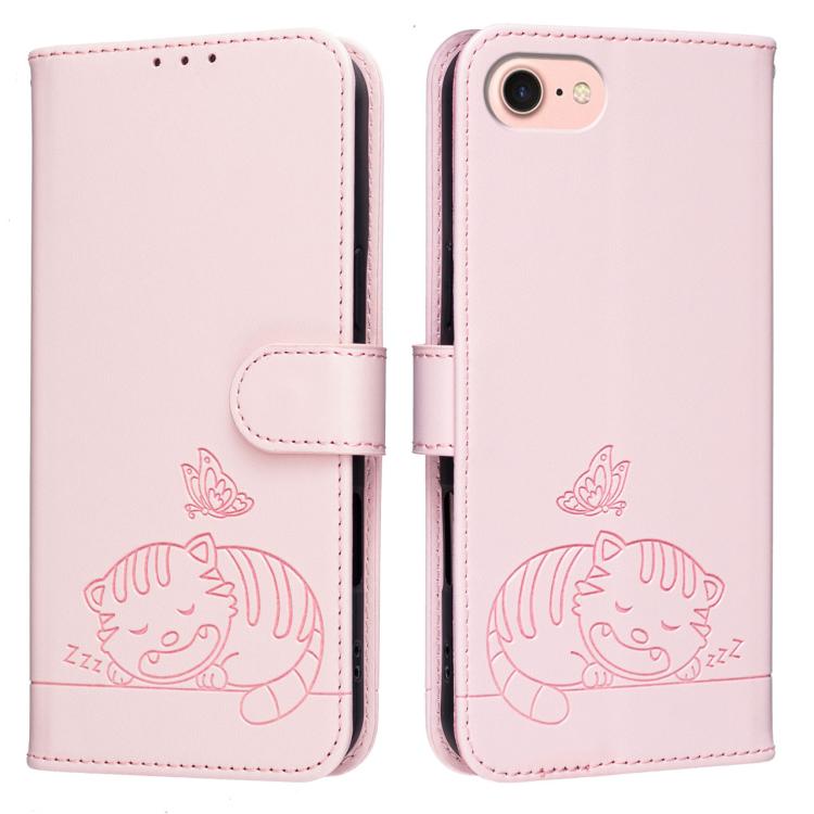 For iPhone SE 2022 / SE 2020 / 7 / 8 Cat Butterfly Embossed RFID Vegan Leather Phone Case with Strap