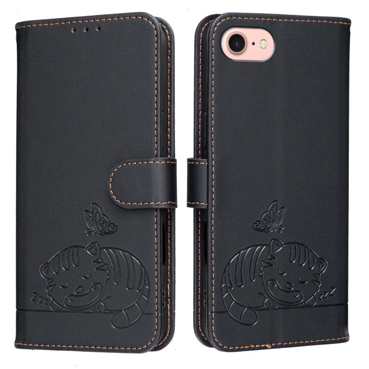 For iPhone SE 2022 / SE 2020 / 7 / 8 Cat Butterfly Embossed RFID Vegan Leather Phone Case with Strap