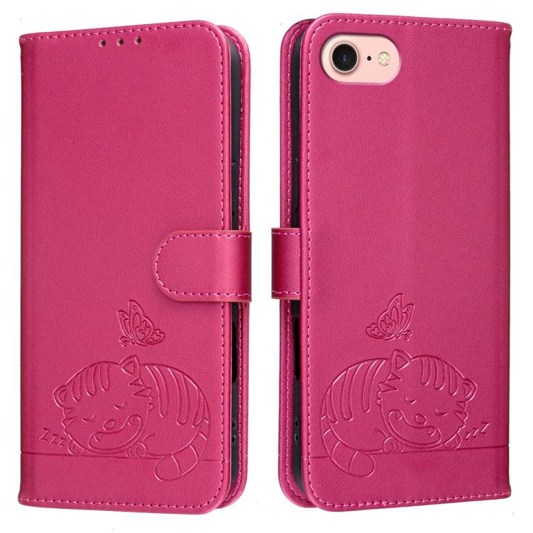 For iPhone SE 2022 / SE 2020 / 7 / 8 Cat Butterfly Embossed RFID Vegan Leather Phone Case with Strap
