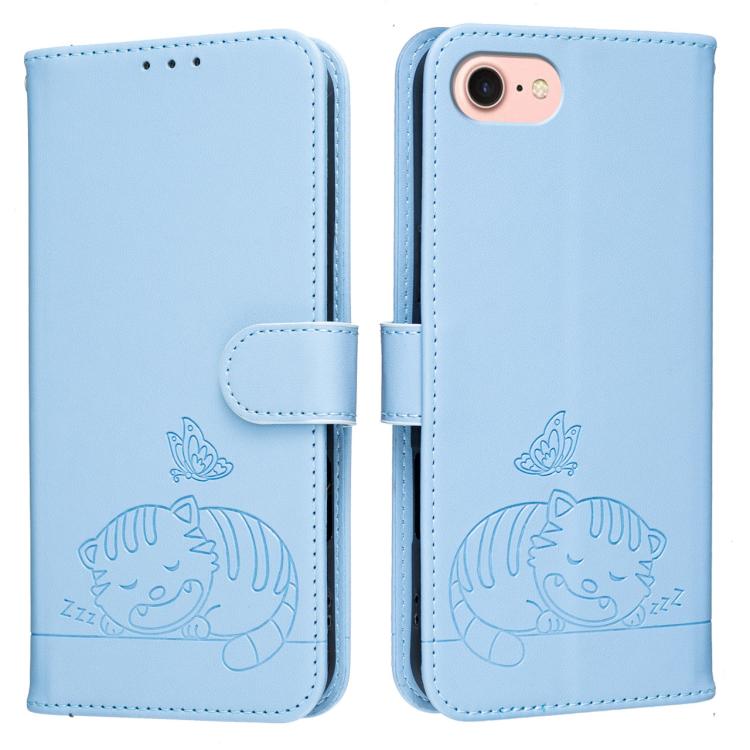 For iPhone SE 2022 / SE 2020 / 7 / 8 Cat Butterfly Embossed RFID Vegan Leather Phone Case with Strap