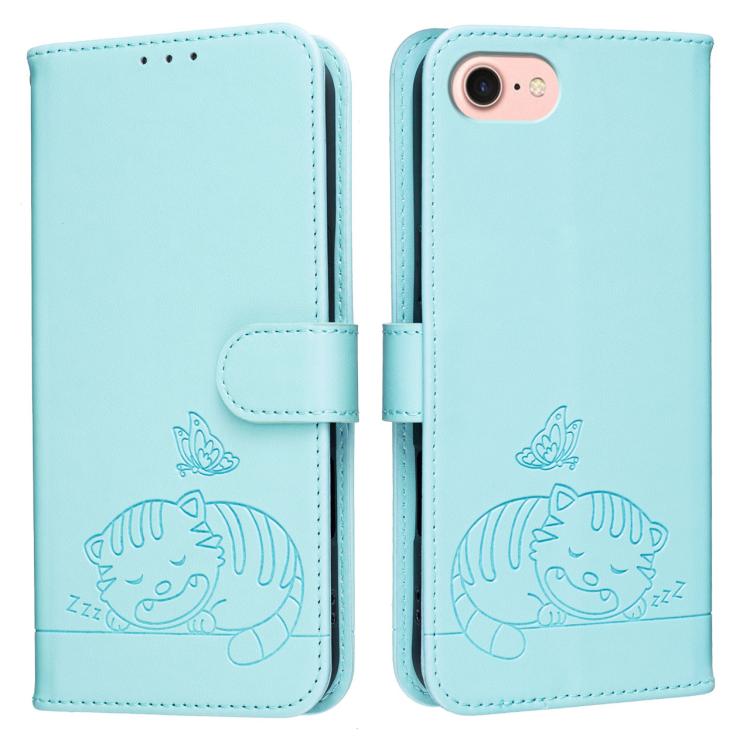 For iPhone SE 2022 / SE 2020 / 7 / 8 Cat Butterfly Embossed RFID Vegan Leather Phone Case with Strap