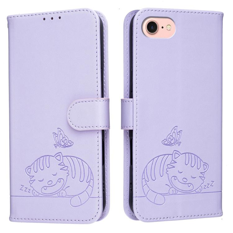 For iPhone SE 2022 / SE 2020 / 7 / 8 Cat Butterfly Embossed RFID Vegan Leather Phone Case with Strap