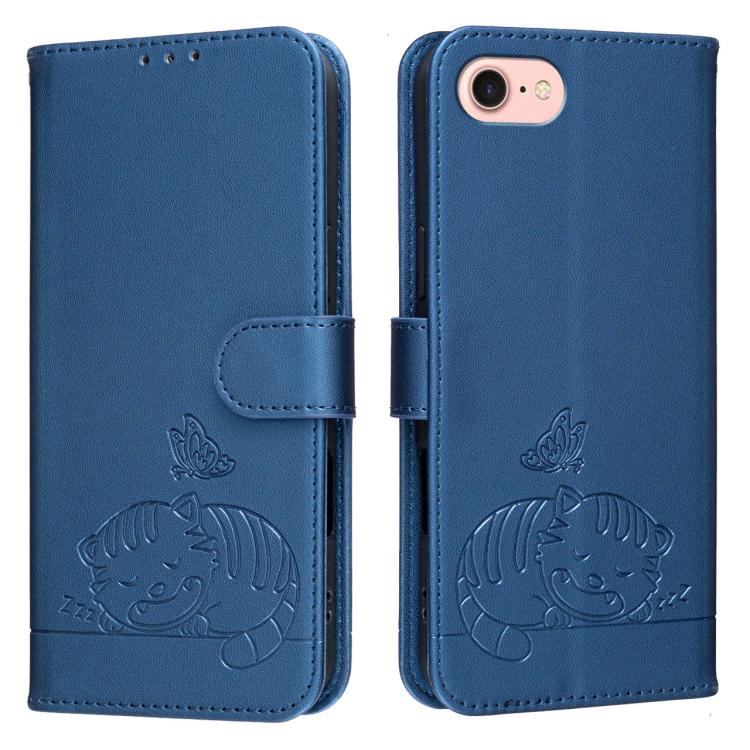 For iPhone SE 2022 / SE 2020 / 7 / 8 Cat Butterfly Embossed RFID Vegan Leather Phone Case with Strap