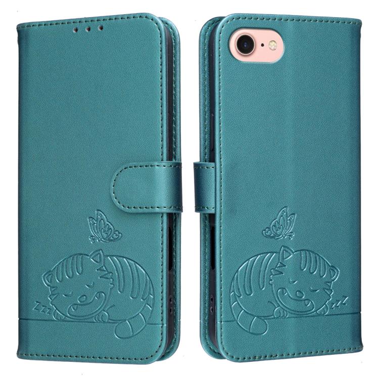 For iPhone SE 2022 / SE 2020 / 7 / 8 Cat Butterfly Embossed RFID Vegan Leather Phone Case with Strap