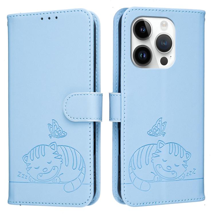 For iPhone 13 Pro Max Cat Butterfly Embossed RFID Vegan Leather Phone Case with Strap