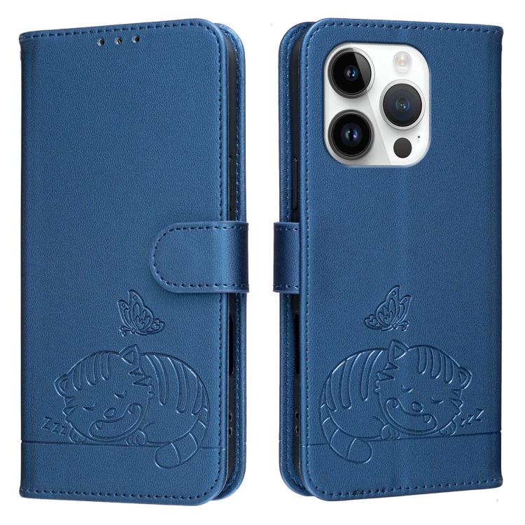 For iPhone 13 Pro Max Cat Butterfly Embossed RFID Vegan Leather Phone Case with Strap