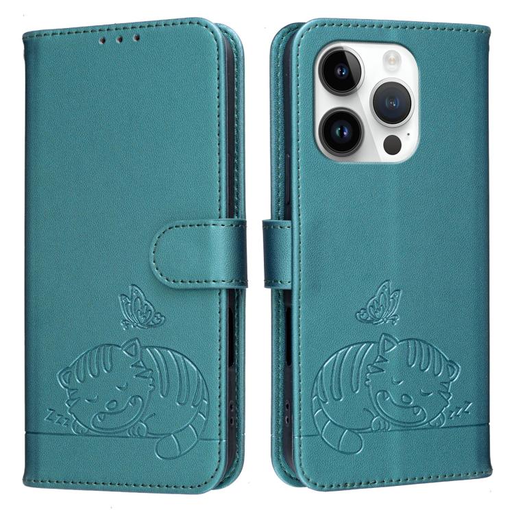 For iPhone 13 Pro Max Cat Butterfly Embossed RFID Vegan Leather Phone Case with Strap
