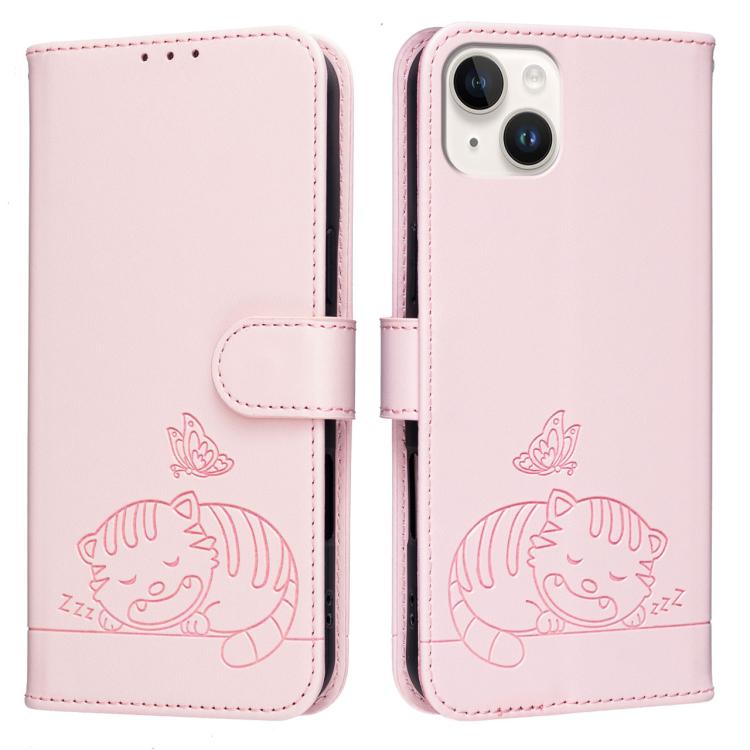 For iPhone 13 mini Cat Butterfly Embossed RFID Vegan Leather Phone Case with Strap