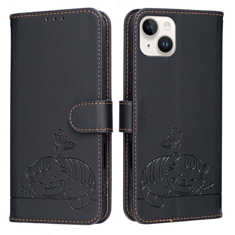 For iPhone 13 mini Cat Butterfly Embossed RFID Vegan Leather Phone Case with Strap